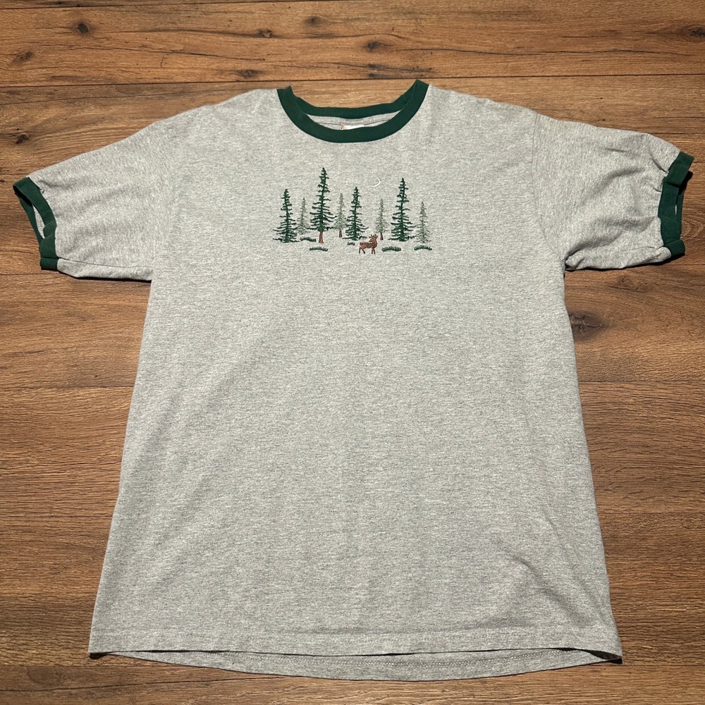 Vintage Anvil Gray Green Forest Deer Embroidered Ringer T-Shirt Mens XL